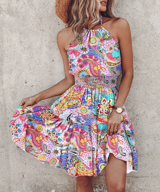 O Neck Sleeveless Hollow Out Elastic Waist Beach Style Paisley Dress