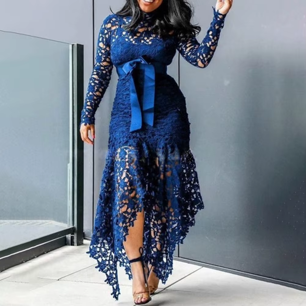 Straps Lace Mesh Perspective Fishtail Patchwork Midi Bodycon Dress - Body Central