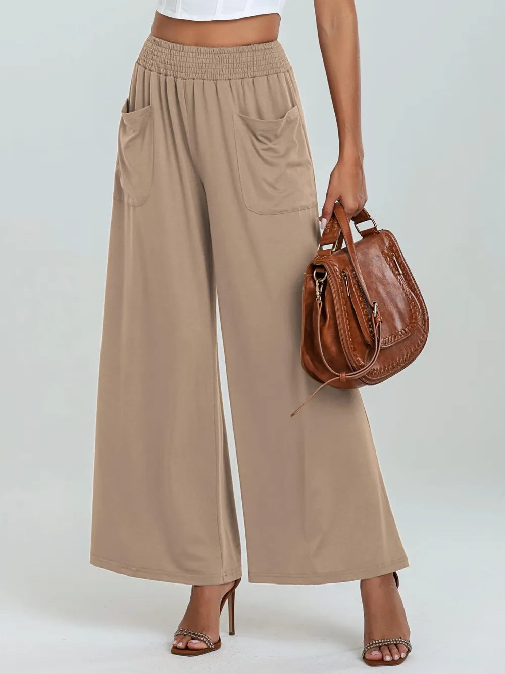 Pocketed Elastic Waist Wide Leg Pants | Body Central