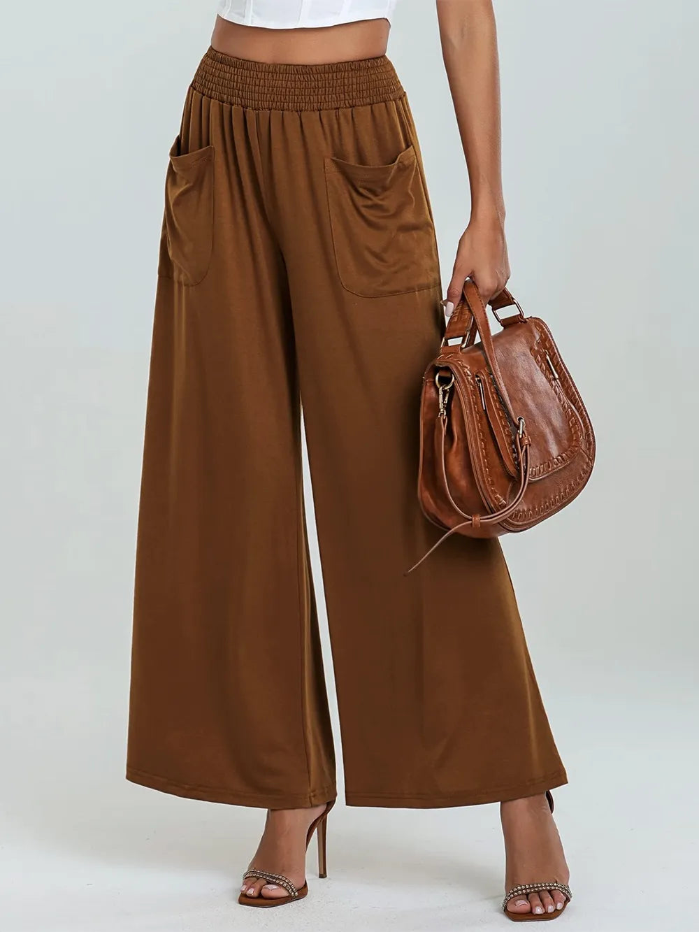 Pocketed Elastic Waist Wide Leg Pants | Body Central