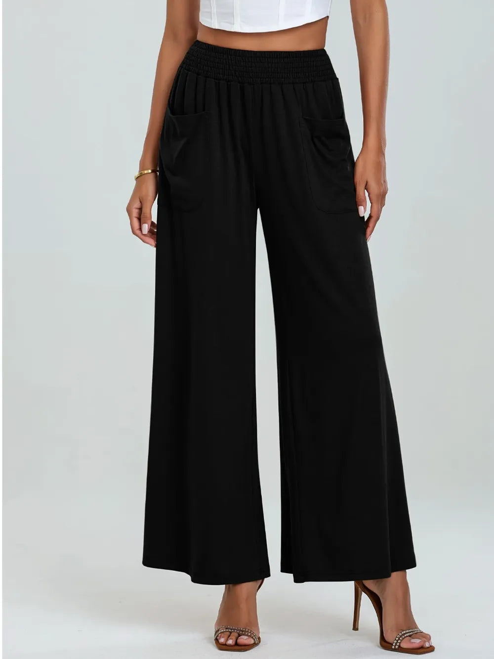 Pocketed Elastic Waist Wide Leg Pants | Body Central