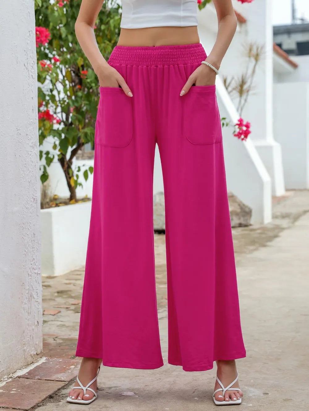 Pocketed Elastic Waist Wide Leg Pants | Body Central