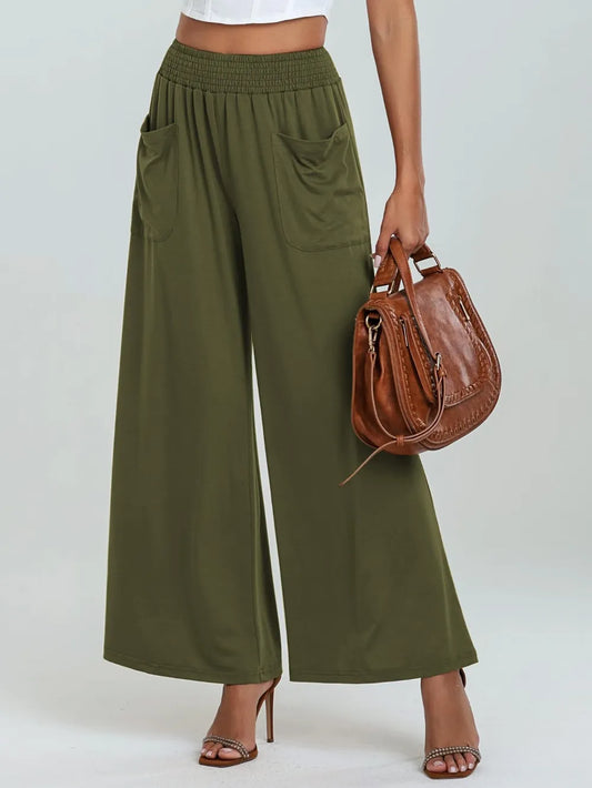 Pocketed Elastic Waist Wide Leg Pants | Body Central