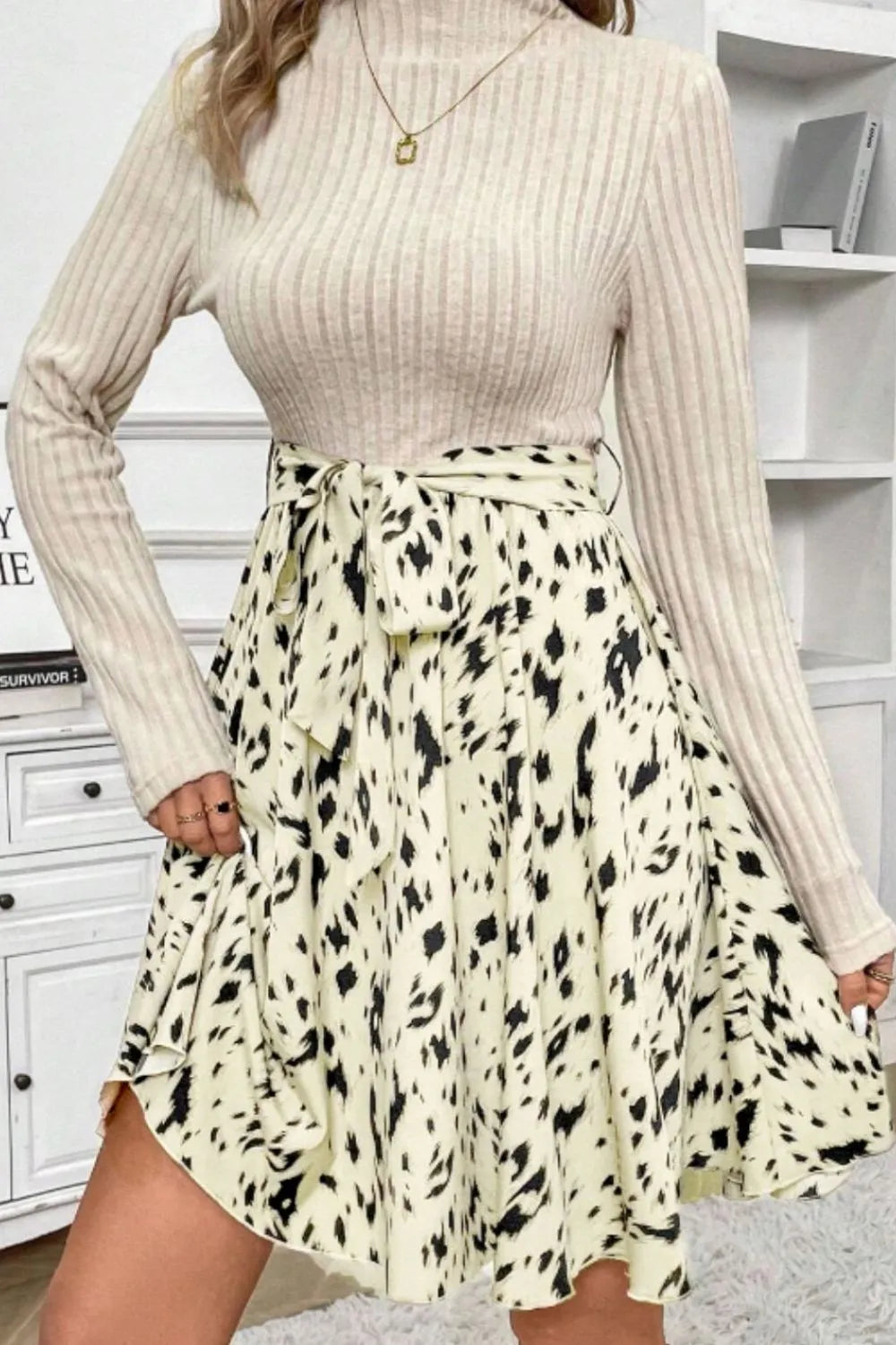 Printed Tie Waist Mock Neck Long Sleeve Dress | Body Central
