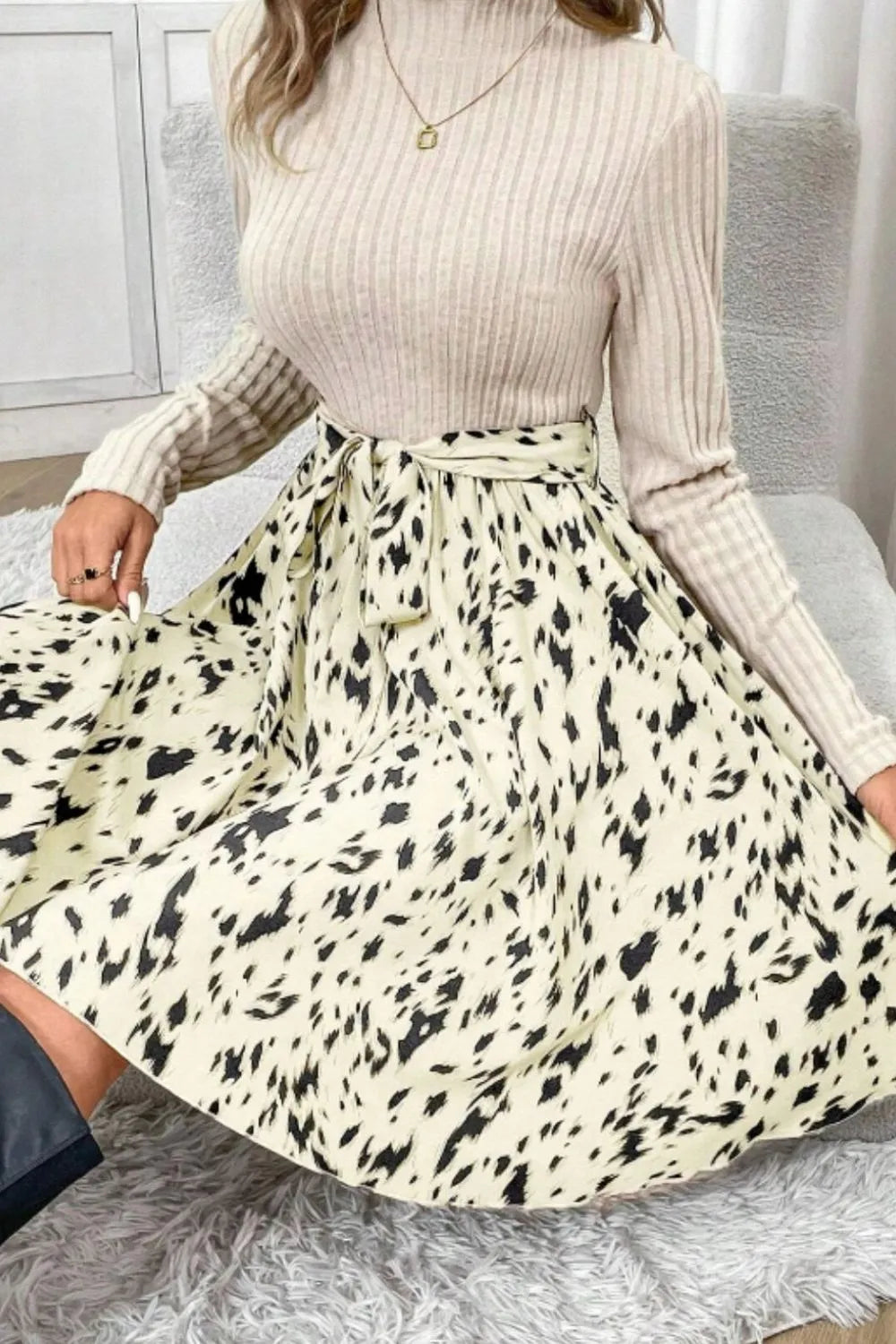 Printed Tie Waist Mock Neck Long Sleeve Dress | Body Central