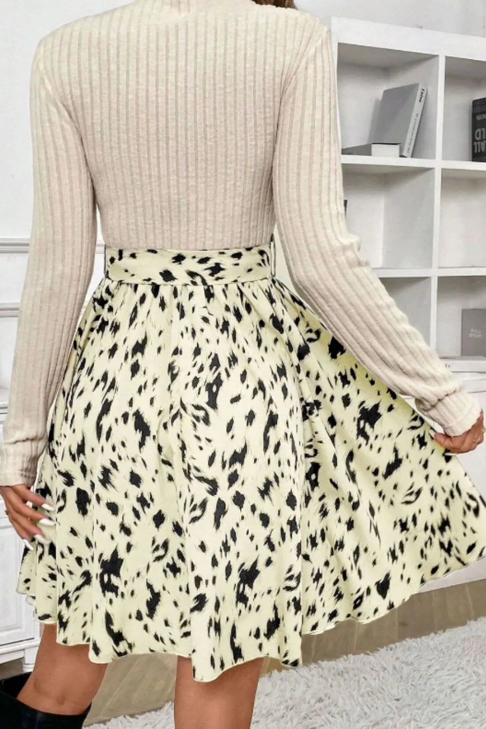 Printed Tie Waist Mock Neck Long Sleeve Dress | Body Central