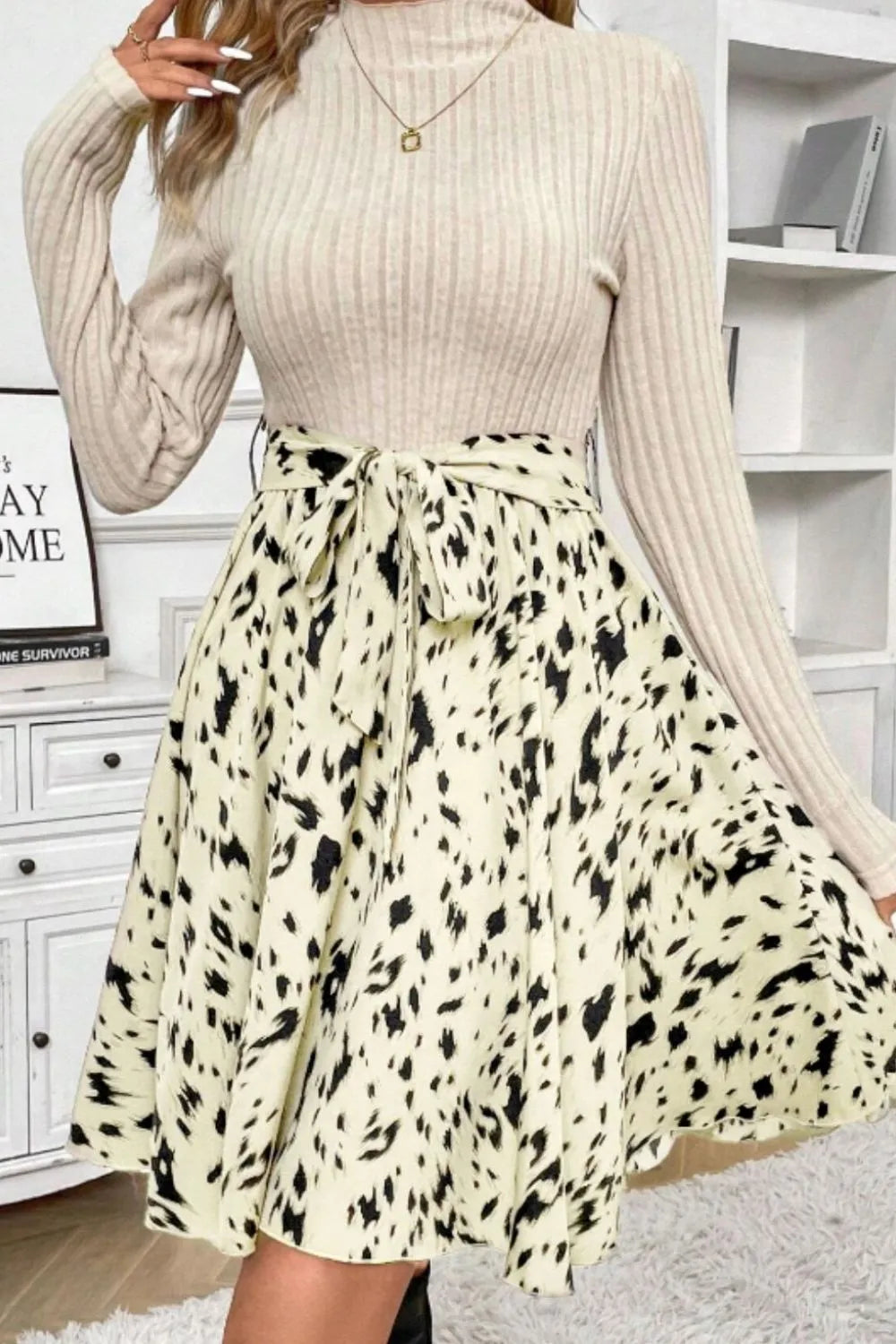 Printed Tie Waist Mock Neck Long Sleeve Dress | Body Central