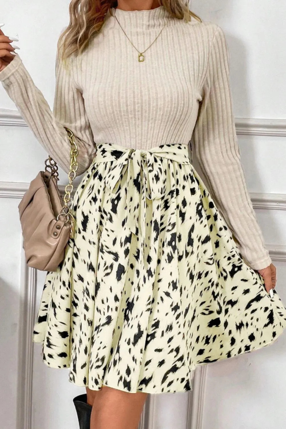 Printed Tie Waist Mock Neck Long Sleeve Dress | Body Central