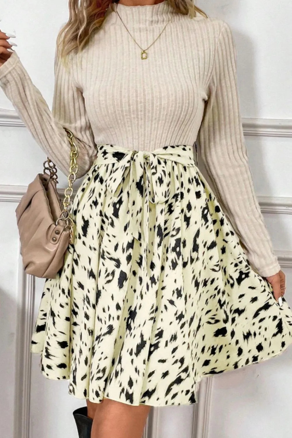 Printed Tie Waist Mock Neck Long Sleeve Dress | Body Central