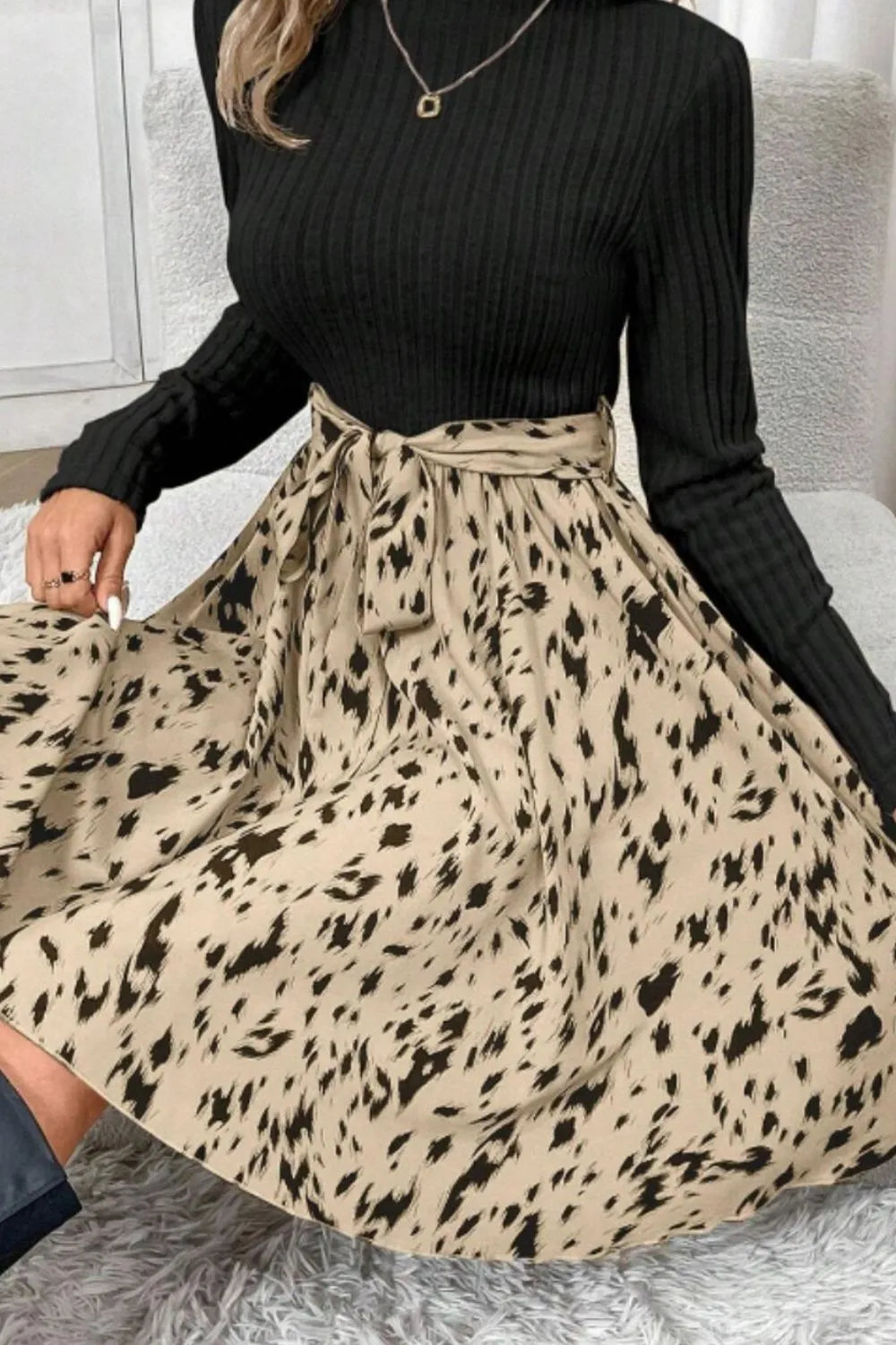 Printed Tie Waist Mock Neck Long Sleeve Dress | Body Central