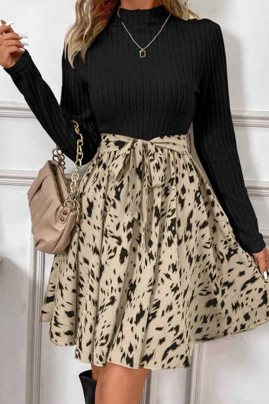 Printed Tie Waist Mock Neck Long Sleeve Dress | Body Central