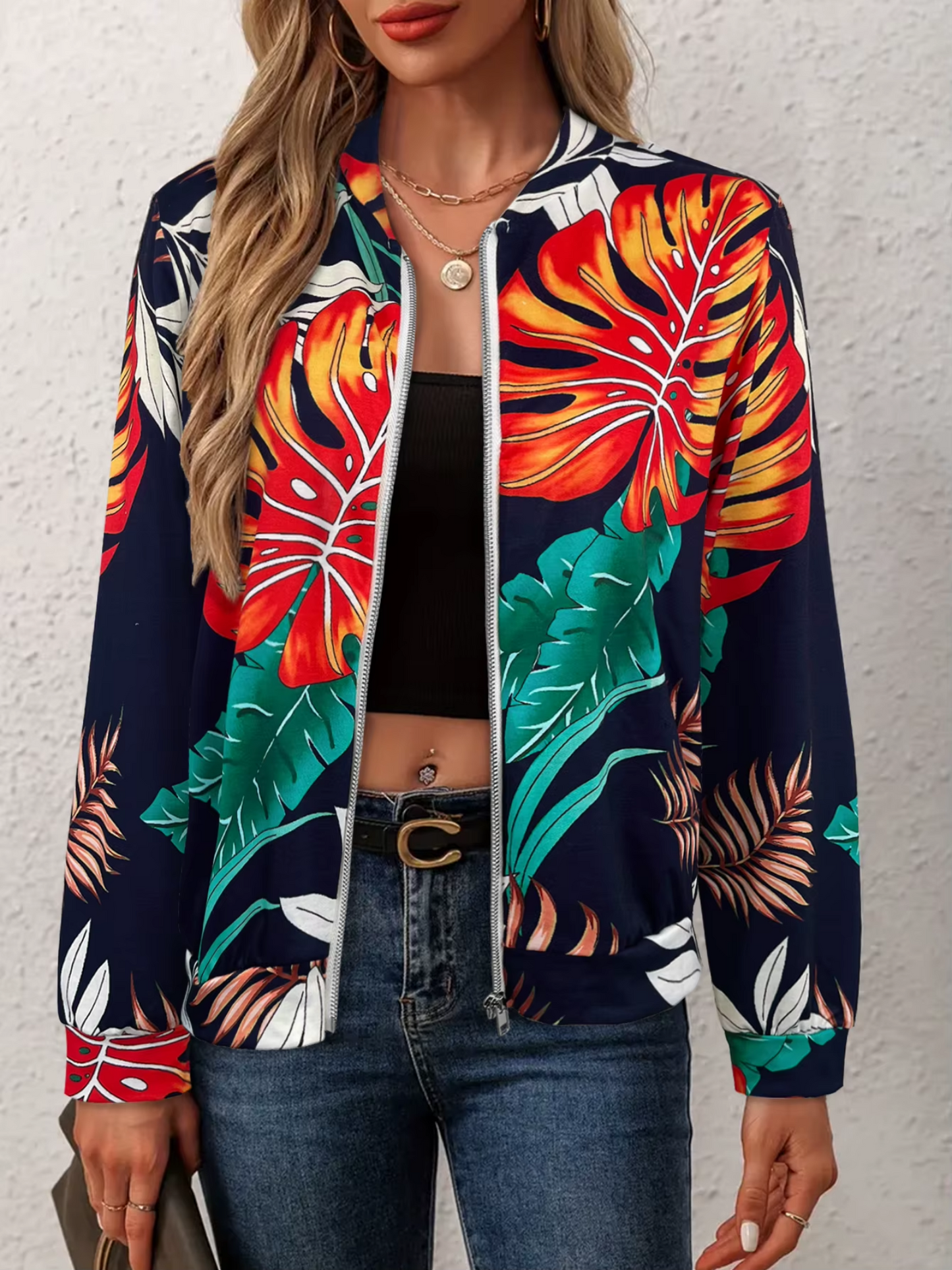 Floral Zipper Up Outwear Bomber