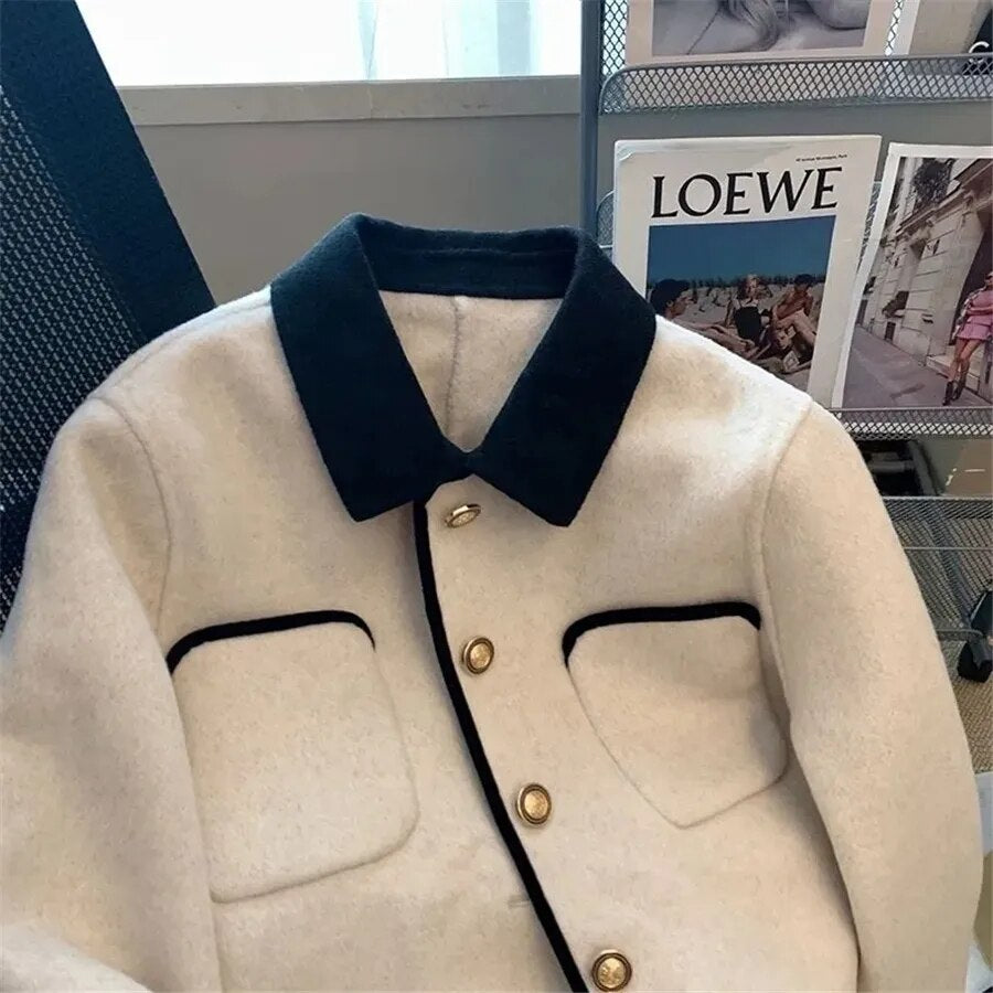 Wool Tweed Spliced Elegant Long Sleeve Single Breasted Jacket - Body Central Store