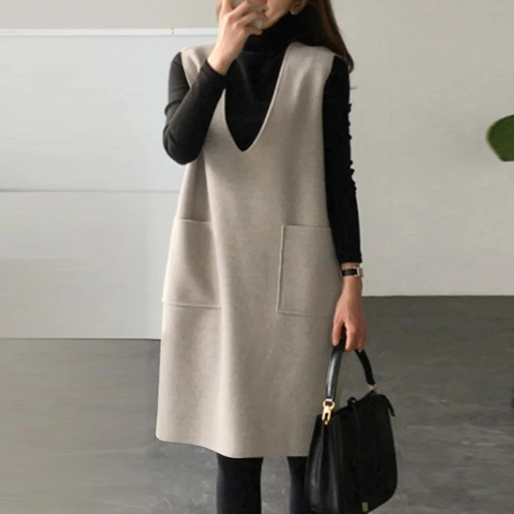 Vest Dress Solid Color Sleeveless Elegant Warm Long - Body Central Store
