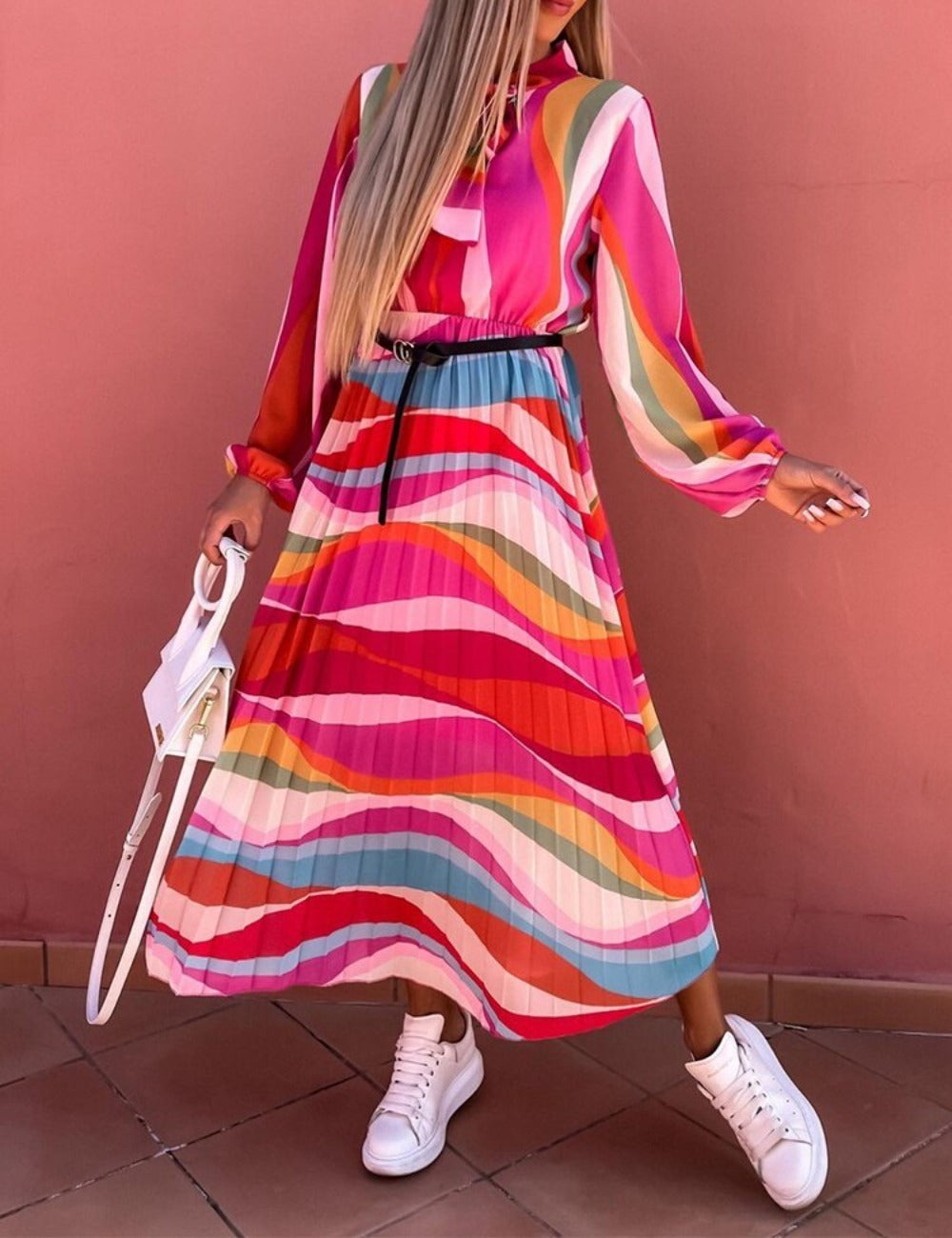 Elegant O-Neck Bow Lace-up Long Sleeve Pleated Long Dress - Body Central Store