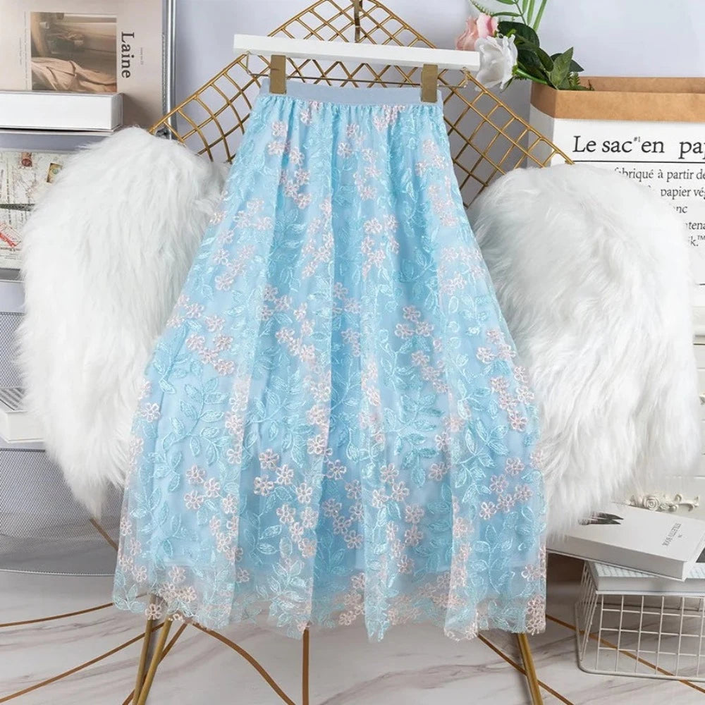 Floral Elastic High Waist Mesh Midi Skirt - Body Central Store