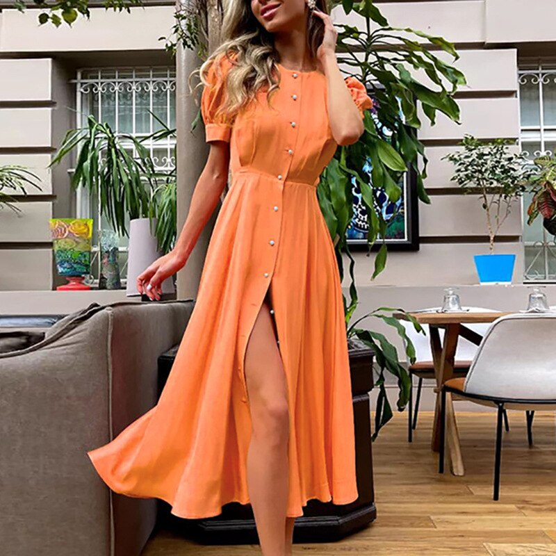 Puff Sleeve Elegant Slim Waist Long Vintage Dress - Body Central Store