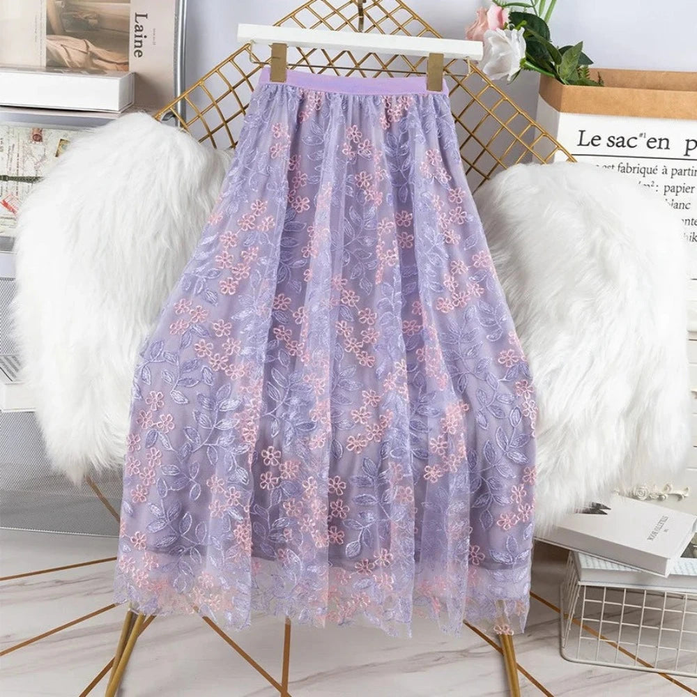 Floral Elastic High Waist Mesh Midi Skirt - Body Central Store
