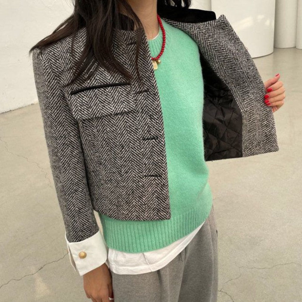Metal Button Plaid Thin Cropped Pockets Long Sleeve Jacket - Body Central Store