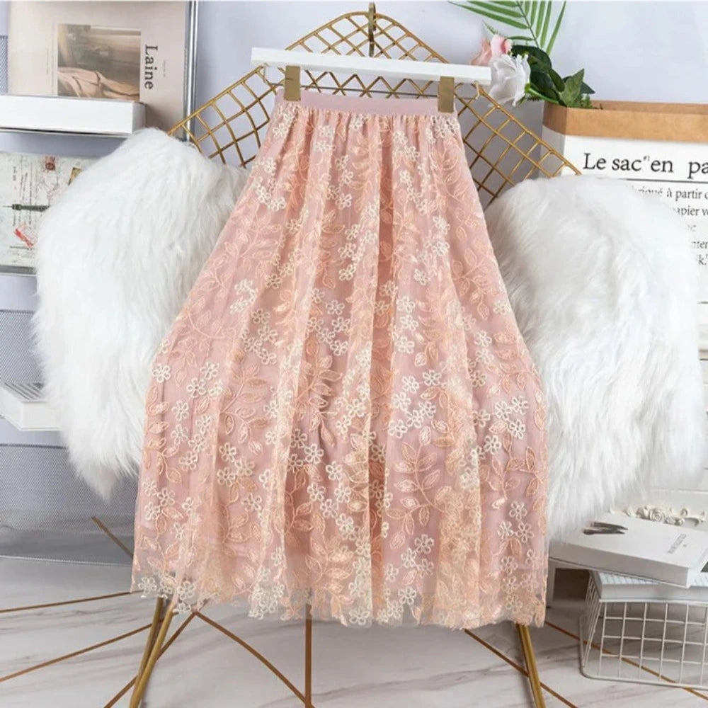 Floral Elastic High Waist Mesh Midi Skirt - Body Central Store