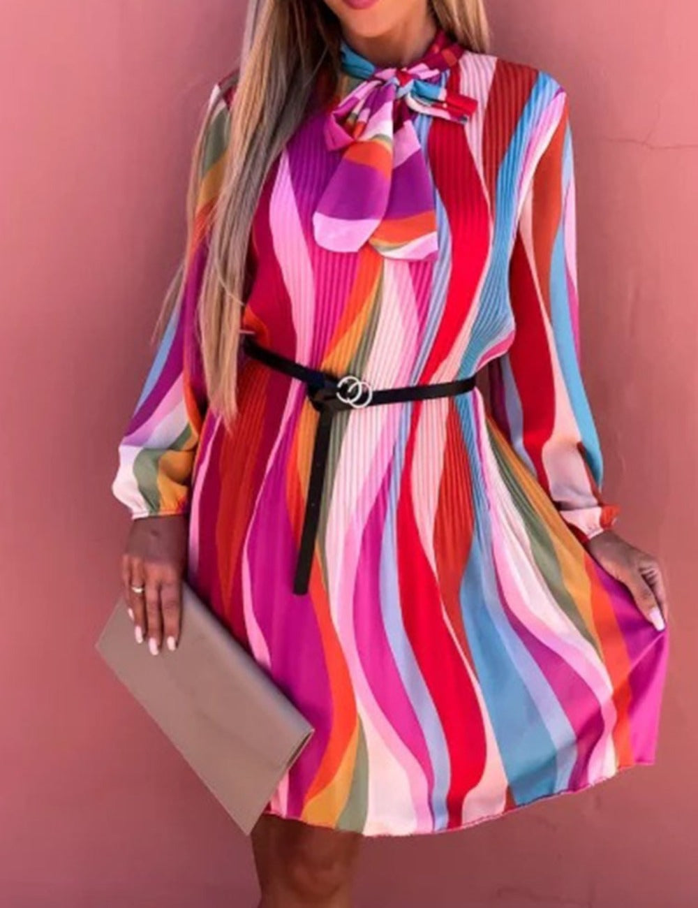 Elegant O-Neck Bow Lace-up Long Sleeve Pleated Long Dress - Body Central Store