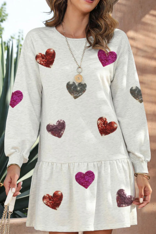 Sequin Heart Round Neck Long Sleeve Mini Dress | Body Central