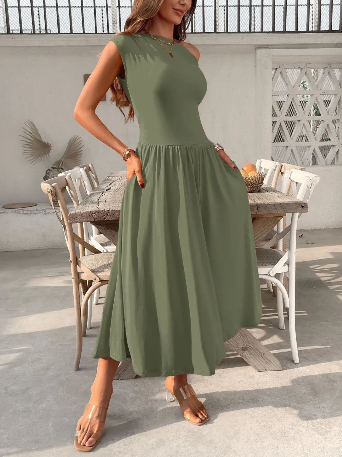Single Shoulder Midi Dress with Pockets |  Body Central