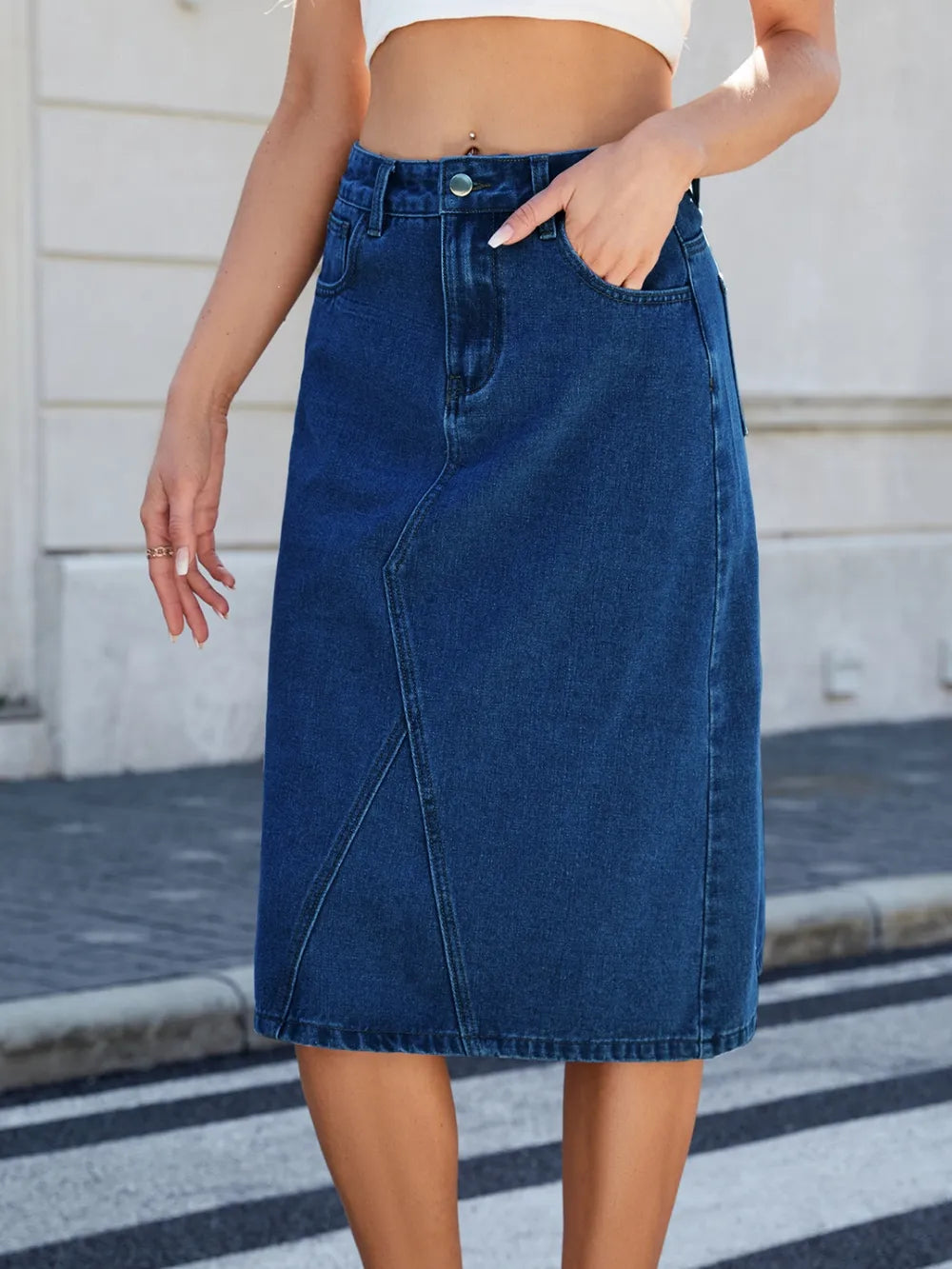 Slit Back Midi Denim Skirt | Body Central