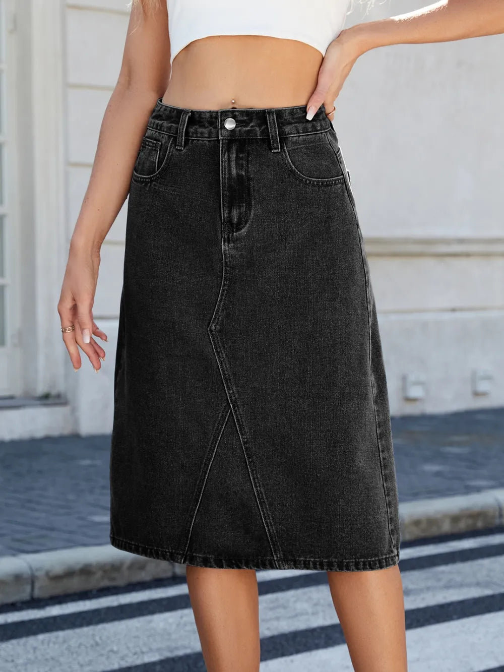 Slit Back Midi Denim Skirt | Body Central
