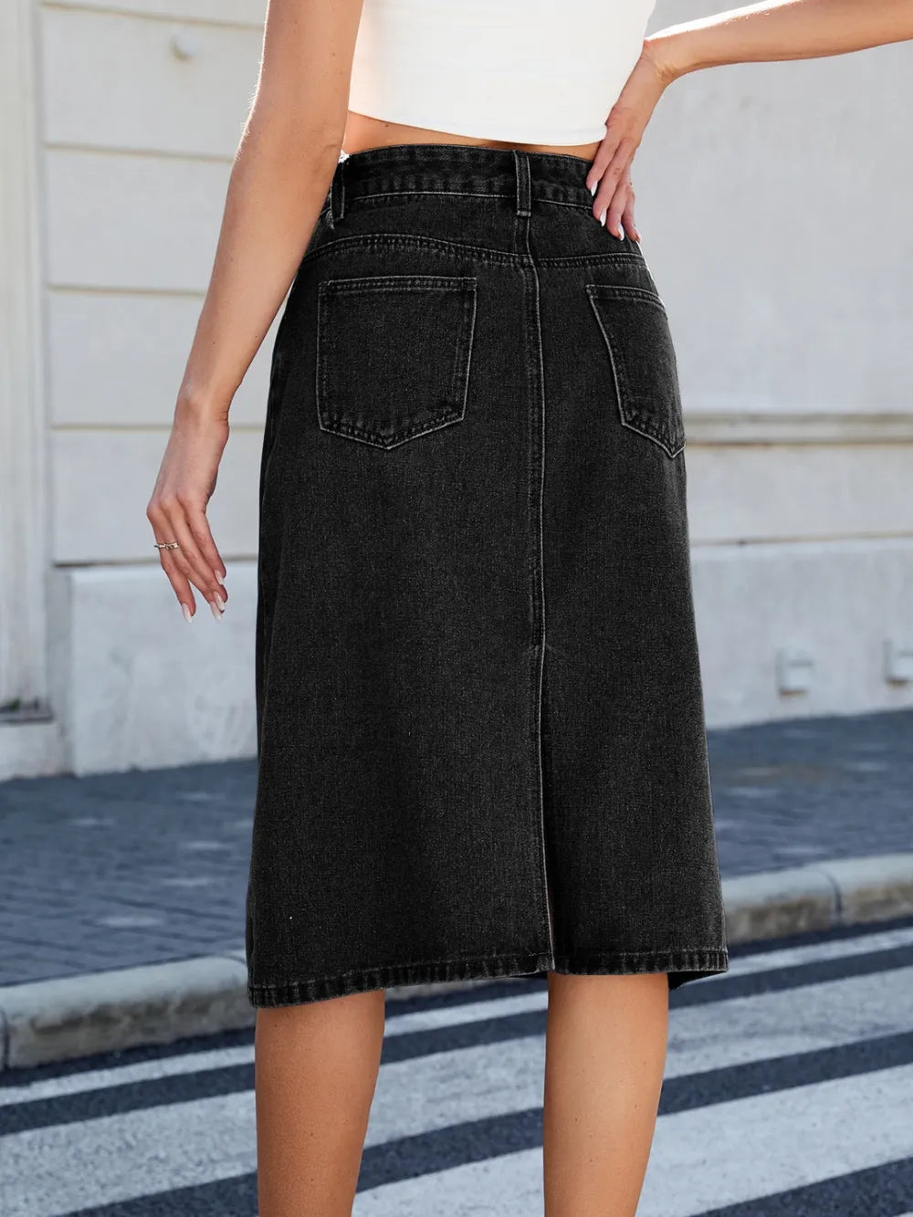 Slit Back Midi Denim Skirt | Body Central