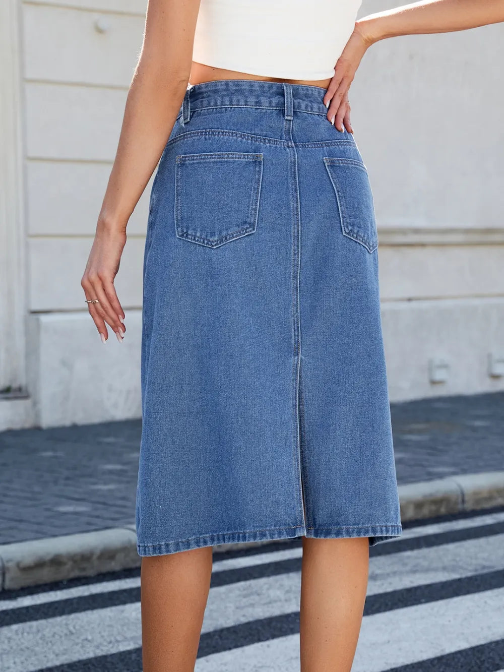 Slit Back Midi Denim Skirt | Body Central