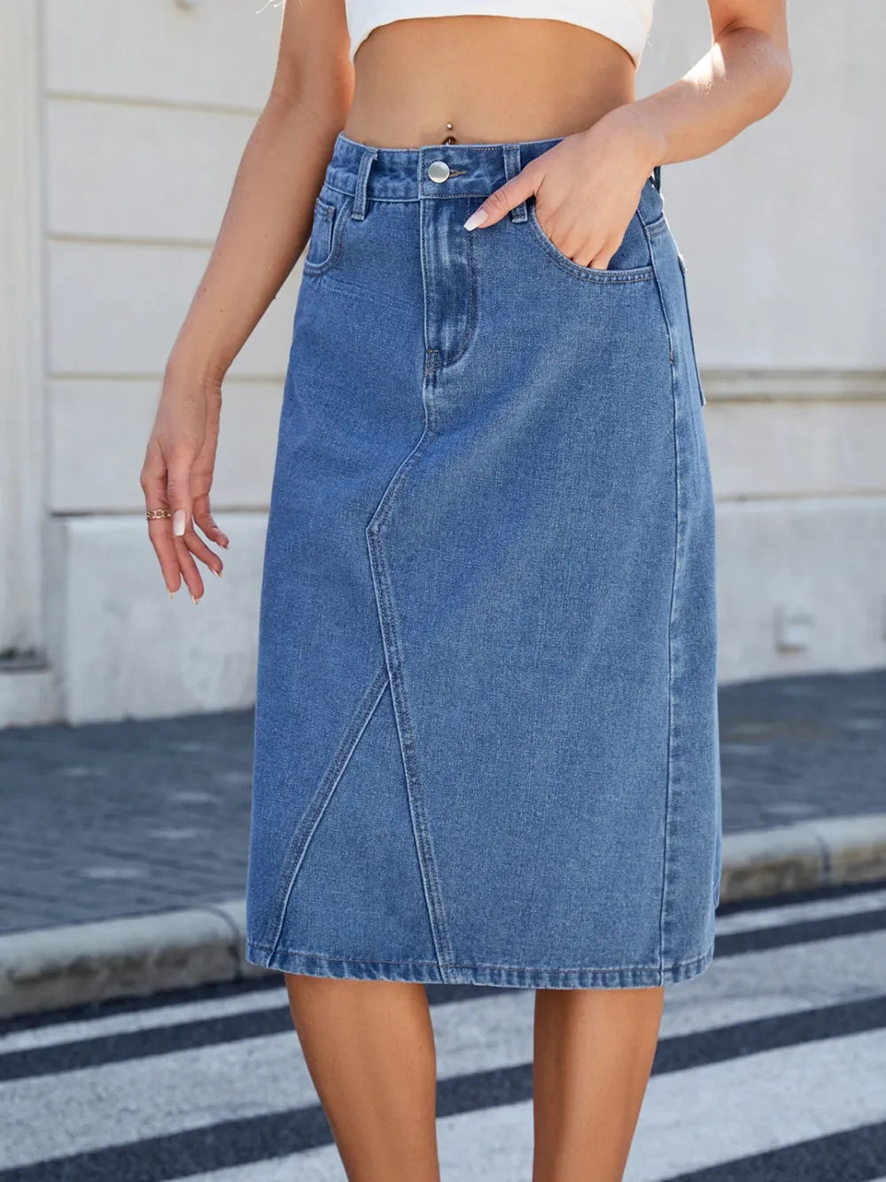 Slit Back Midi Denim Skirt | Body Central