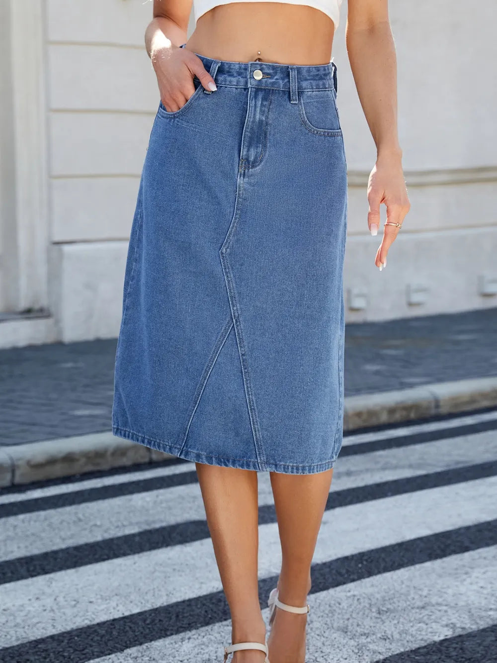 Slit Back Midi Denim Skirt | Body Central