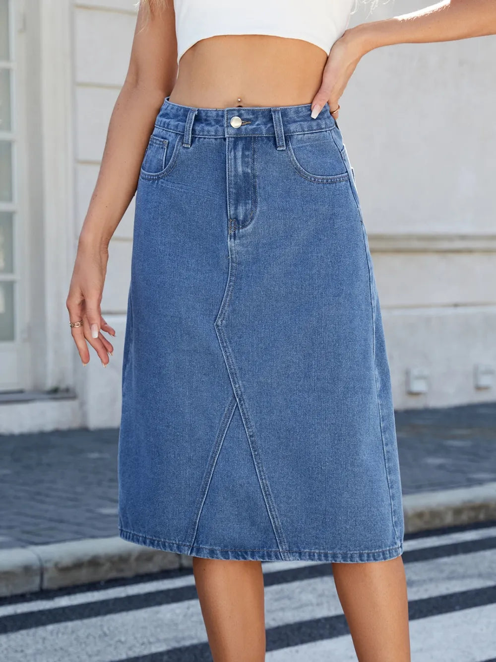 Slit Back Midi Denim Skirt | Body Central