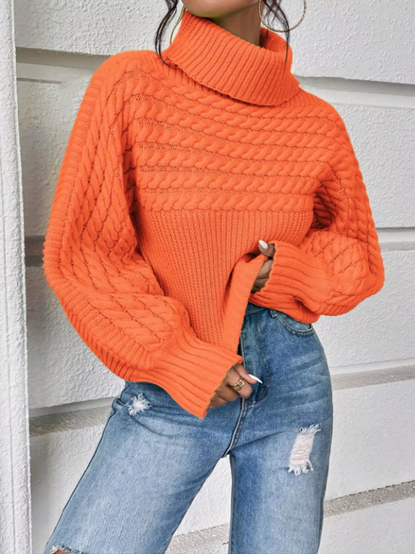 Textured Cable-Knit Turtleneck Long Sleeve Sweater