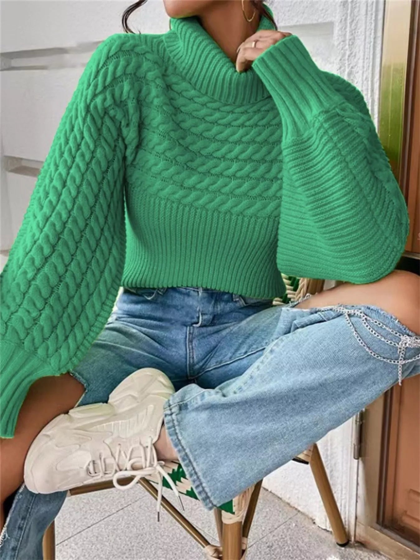 Textured Cable-Knit Turtleneck Long Sleeve Sweater