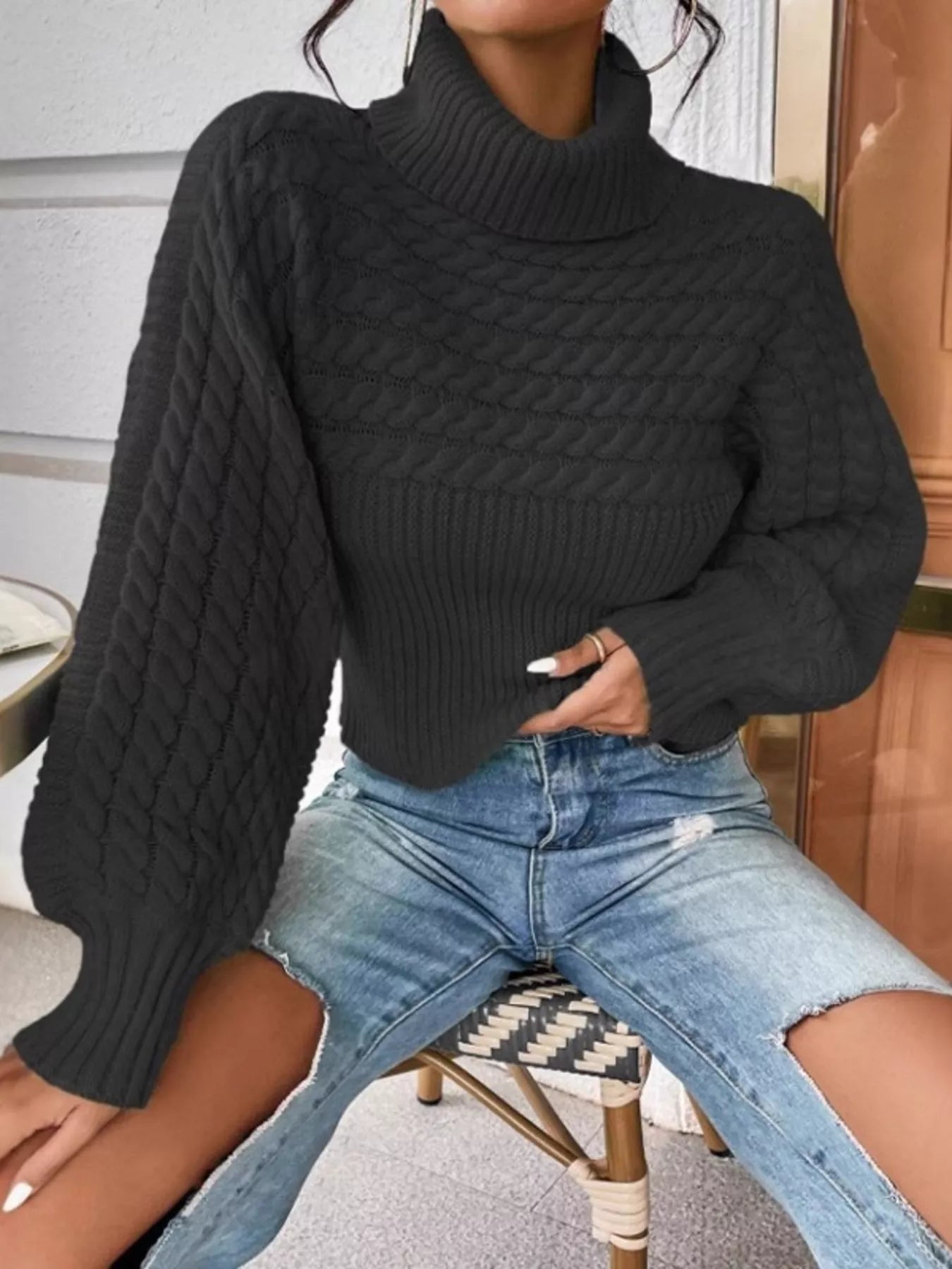 Textured Cable-Knit Turtleneck Long Sleeve Sweater