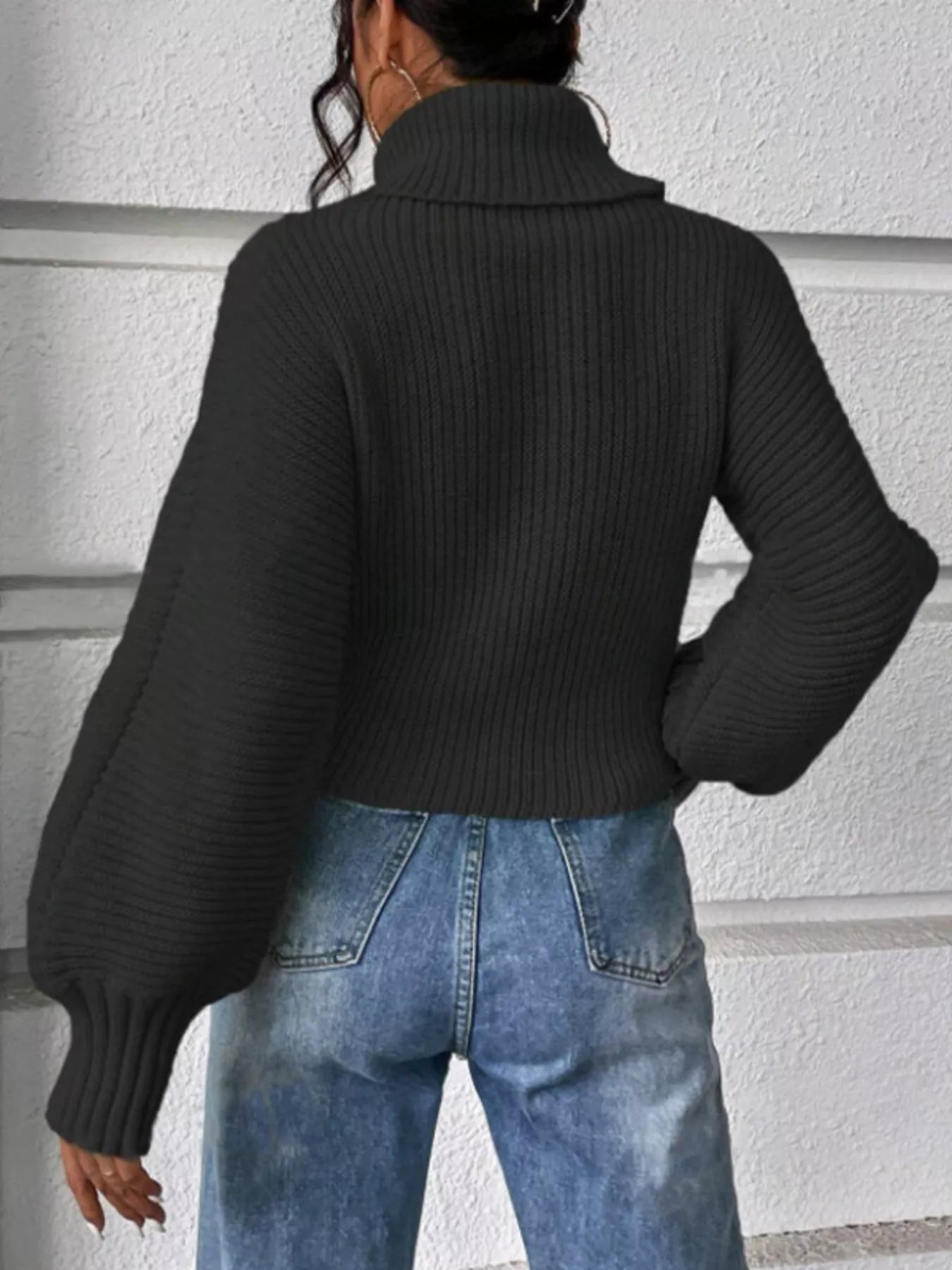 Textured Cable-Knit Turtleneck Long Sleeve Sweater