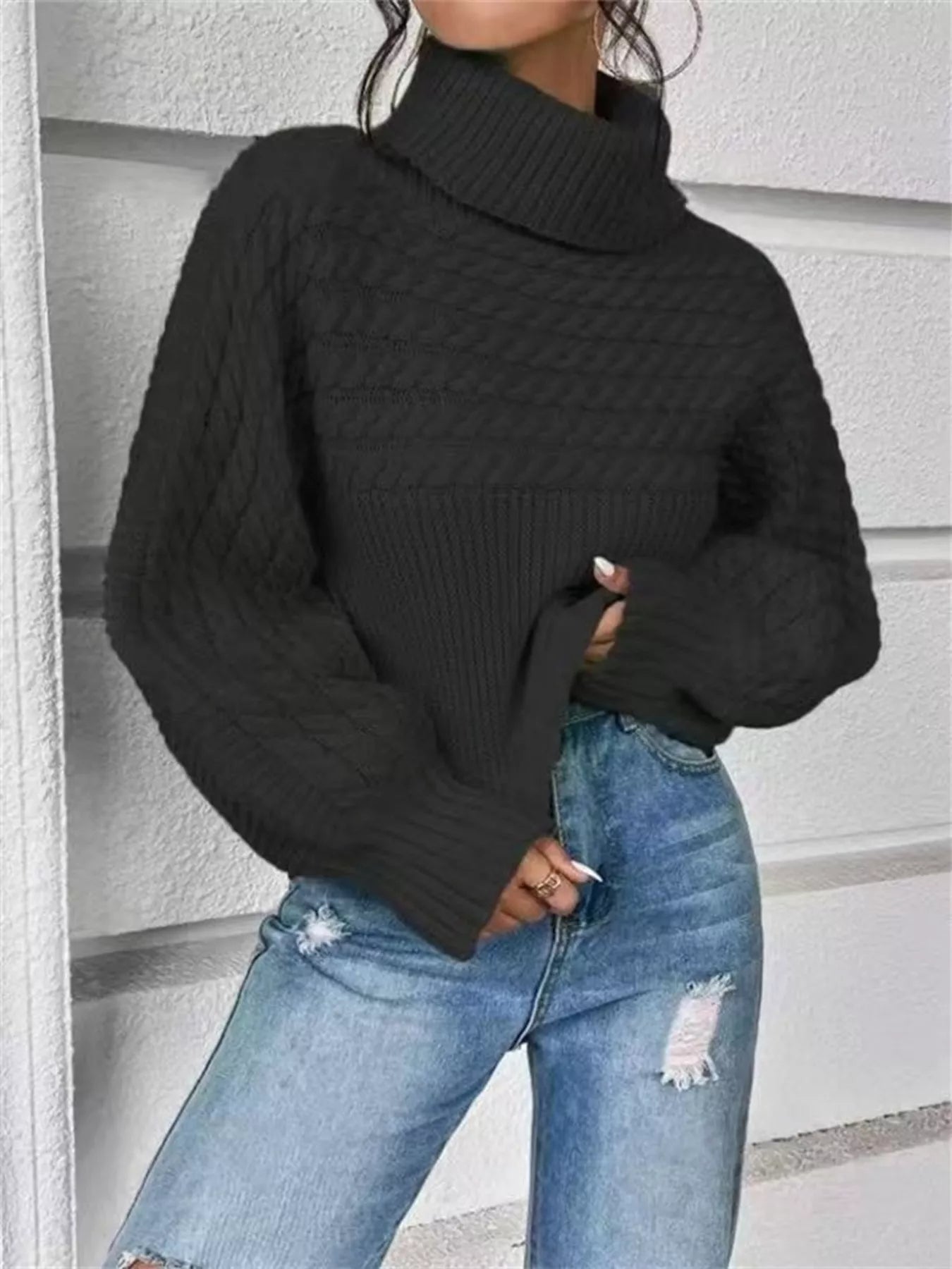 Textured Cable-Knit Turtleneck Long Sleeve Sweater