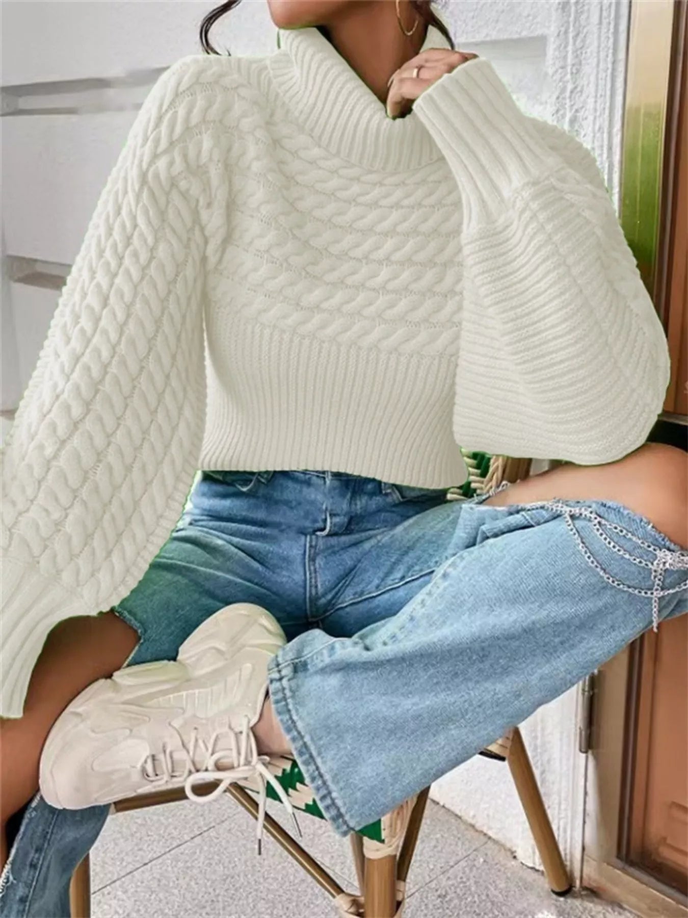 Textured Cable-Knit Turtleneck Long Sleeve Sweater