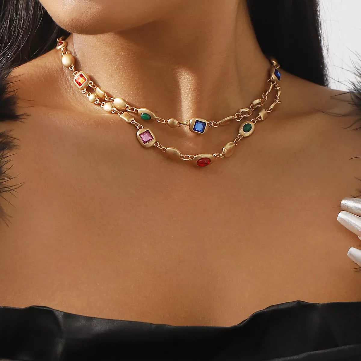 Vintage Multi-Gemstone Double Layered Necklace