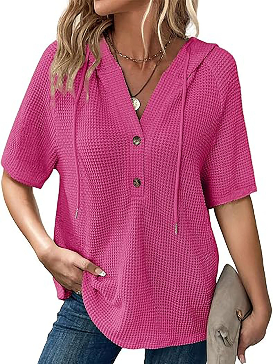 Waffle-Knit Hooded Short Sleeve Blouse