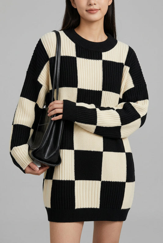 Women's Checkerboard Pattern Oversized Sweater