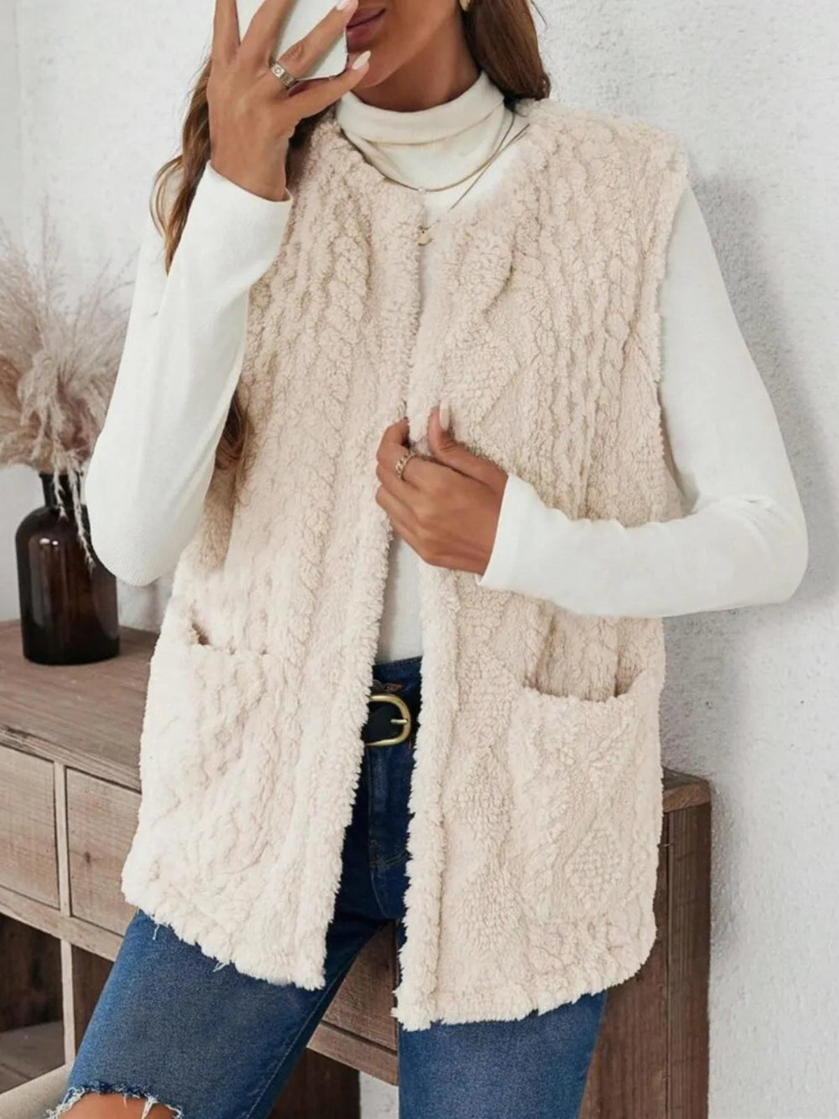 Women's Fuzzy Open Front Vest with Pockets