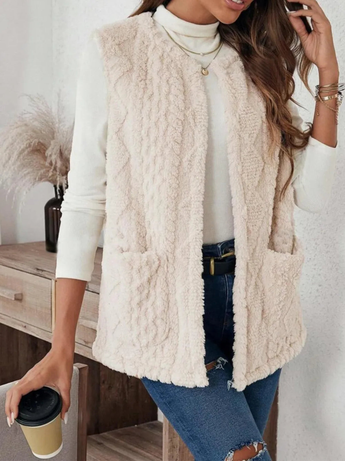 Women's Fuzzy Open Front Vest with Pockets