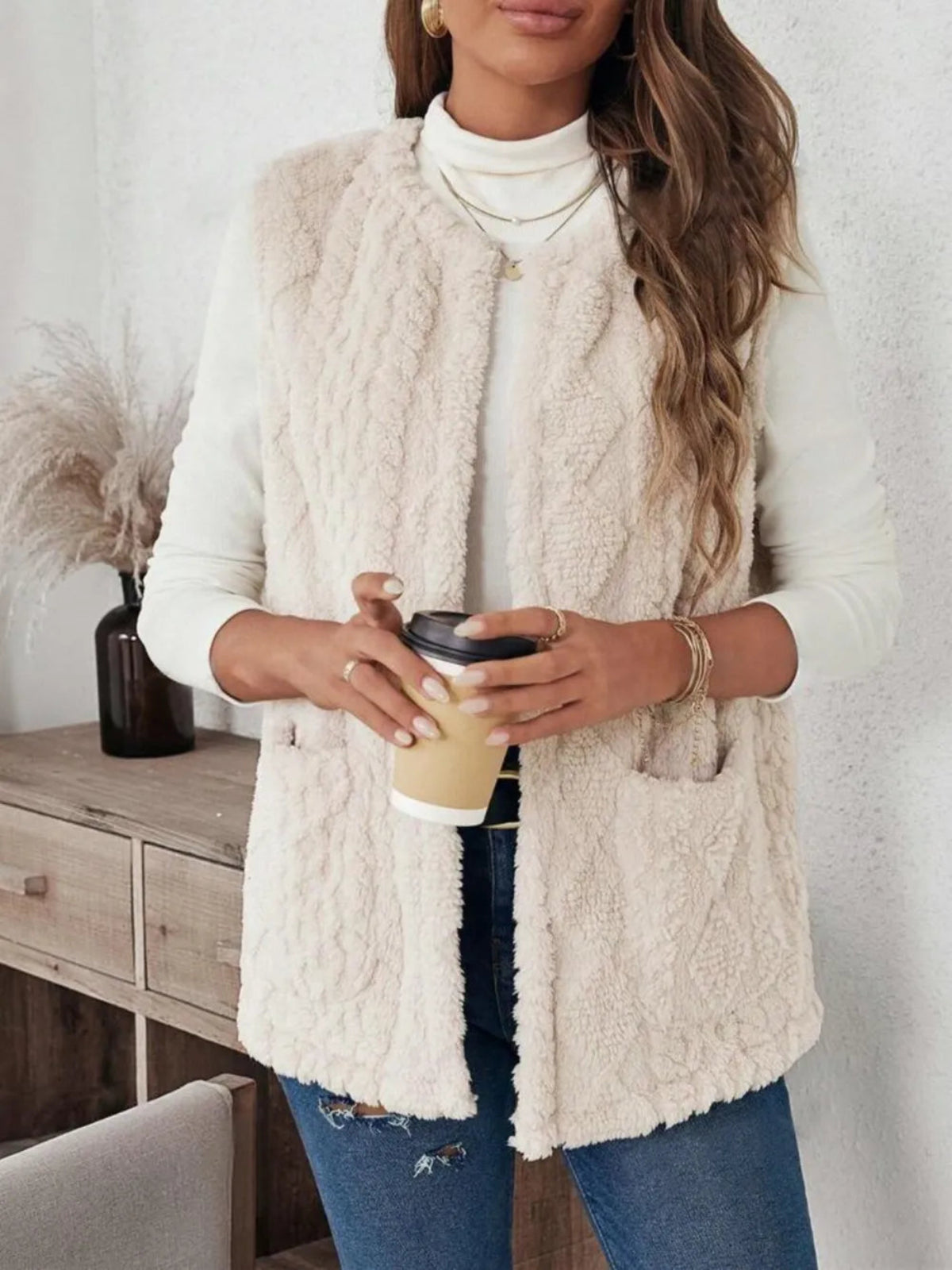 Women's Fuzzy Open Front Vest with Pockets