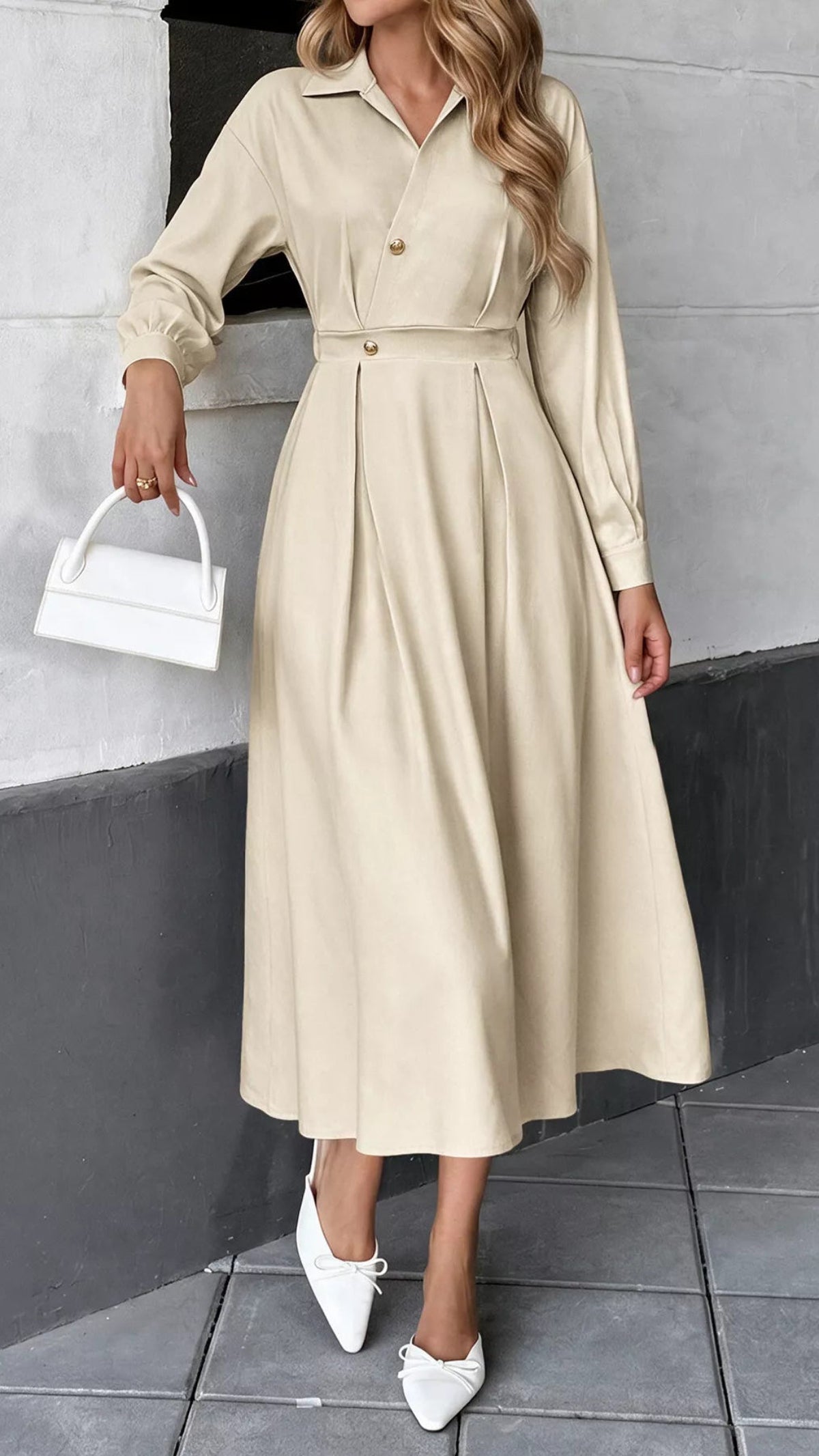 Women's Pleated Button Detail Long Sleeve Shirt Dress