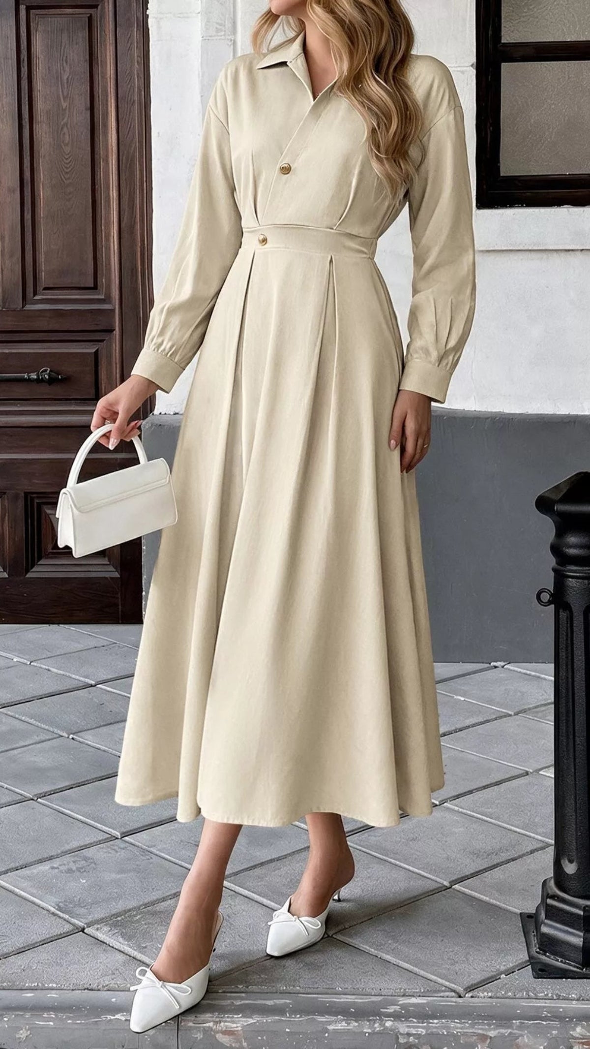 Women's Pleated Button Detail Long Sleeve Shirt Dress
