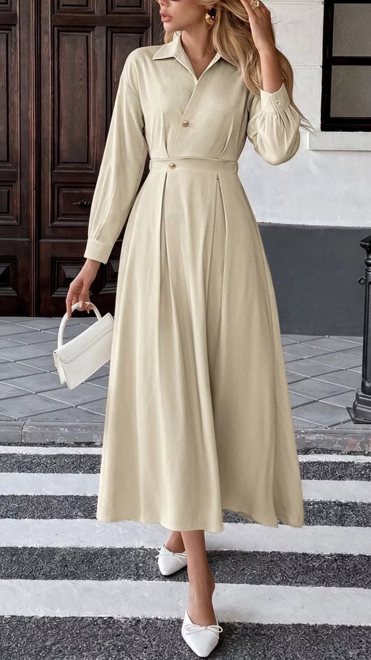 Women's Pleated Button Detail Long Sleeve Shirt Dress