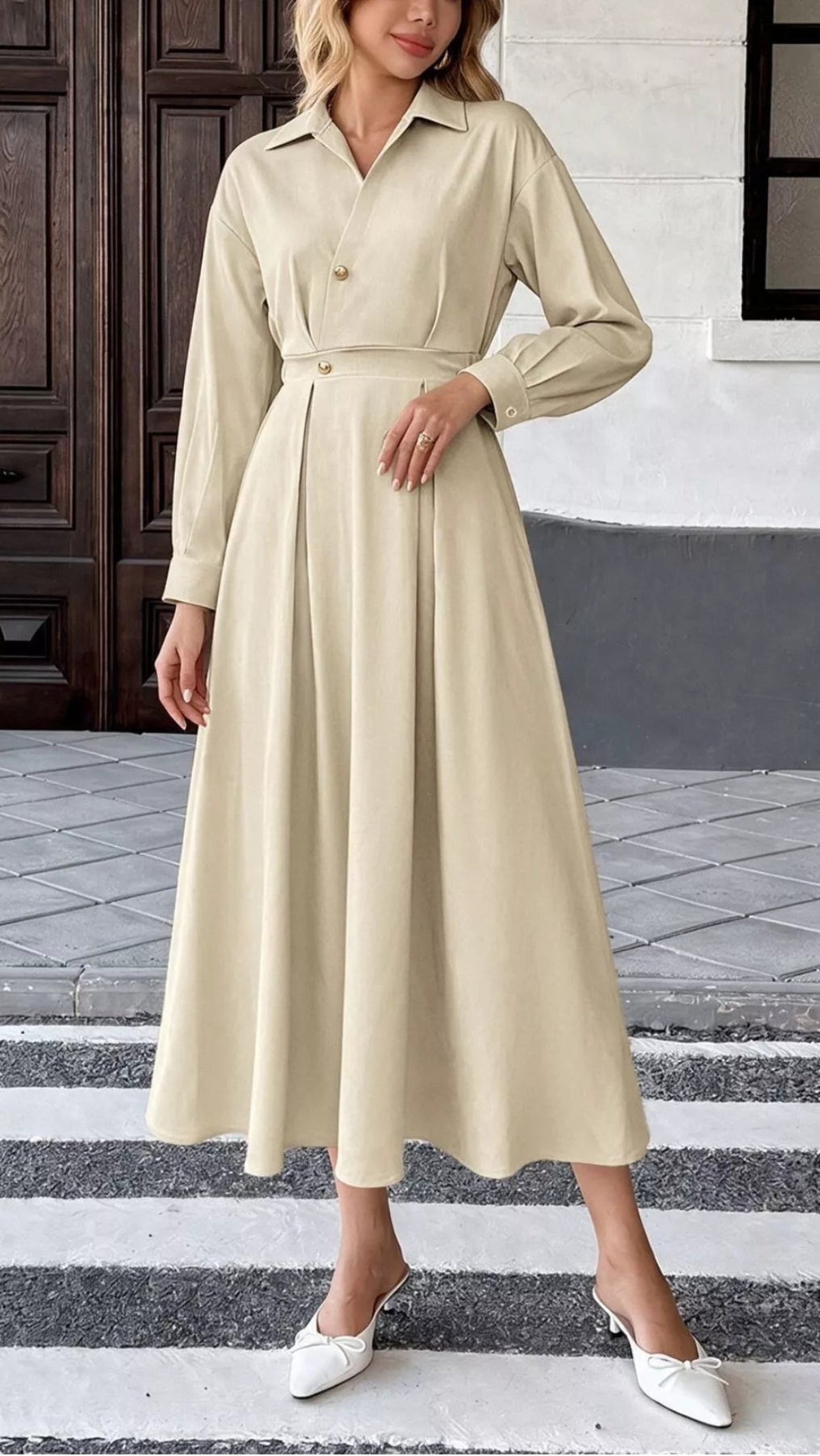 Women's Pleated Button Detail Long Sleeve Shirt Dress